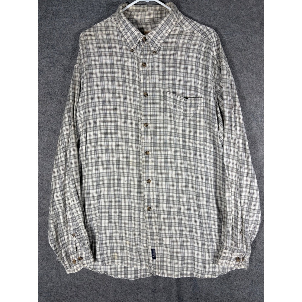 Woolrich Mens 2XL Plaid Flannel Shirt Grey Tan Cotton Long Sleeve Button Down
